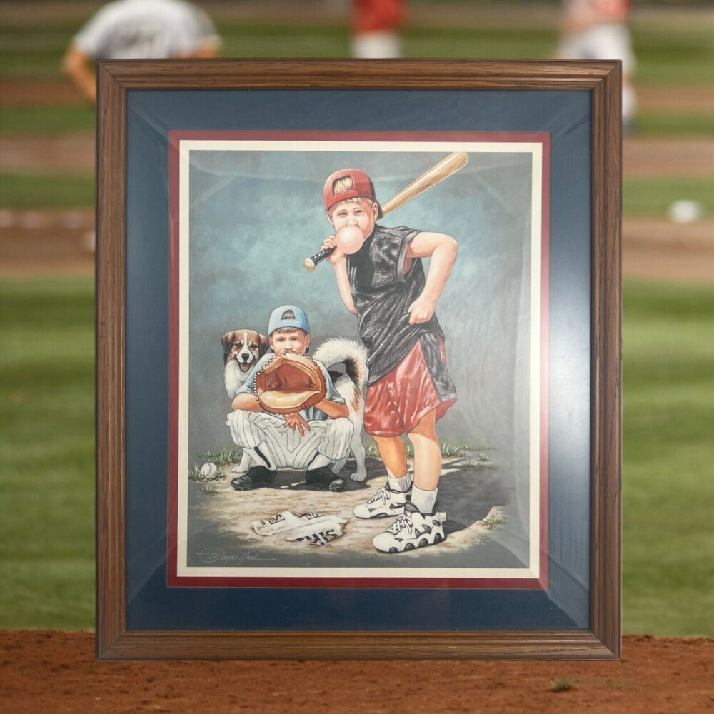 Vintage 80s 90s Wayne Neal Baseball Sandlot Print - Wood Framed 16" x 14"